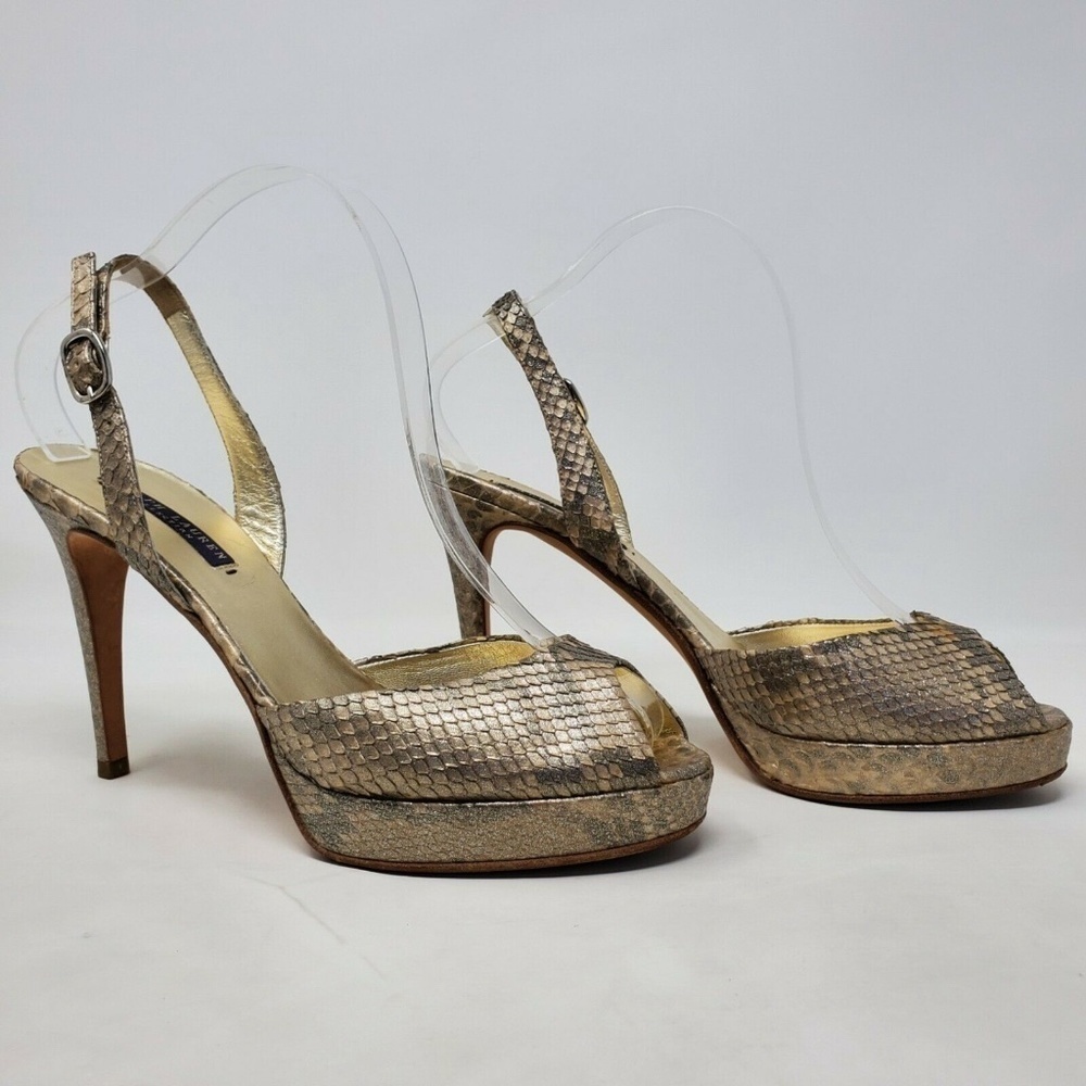 Ralph Lauren Snake Print Buckle Metallic Heels